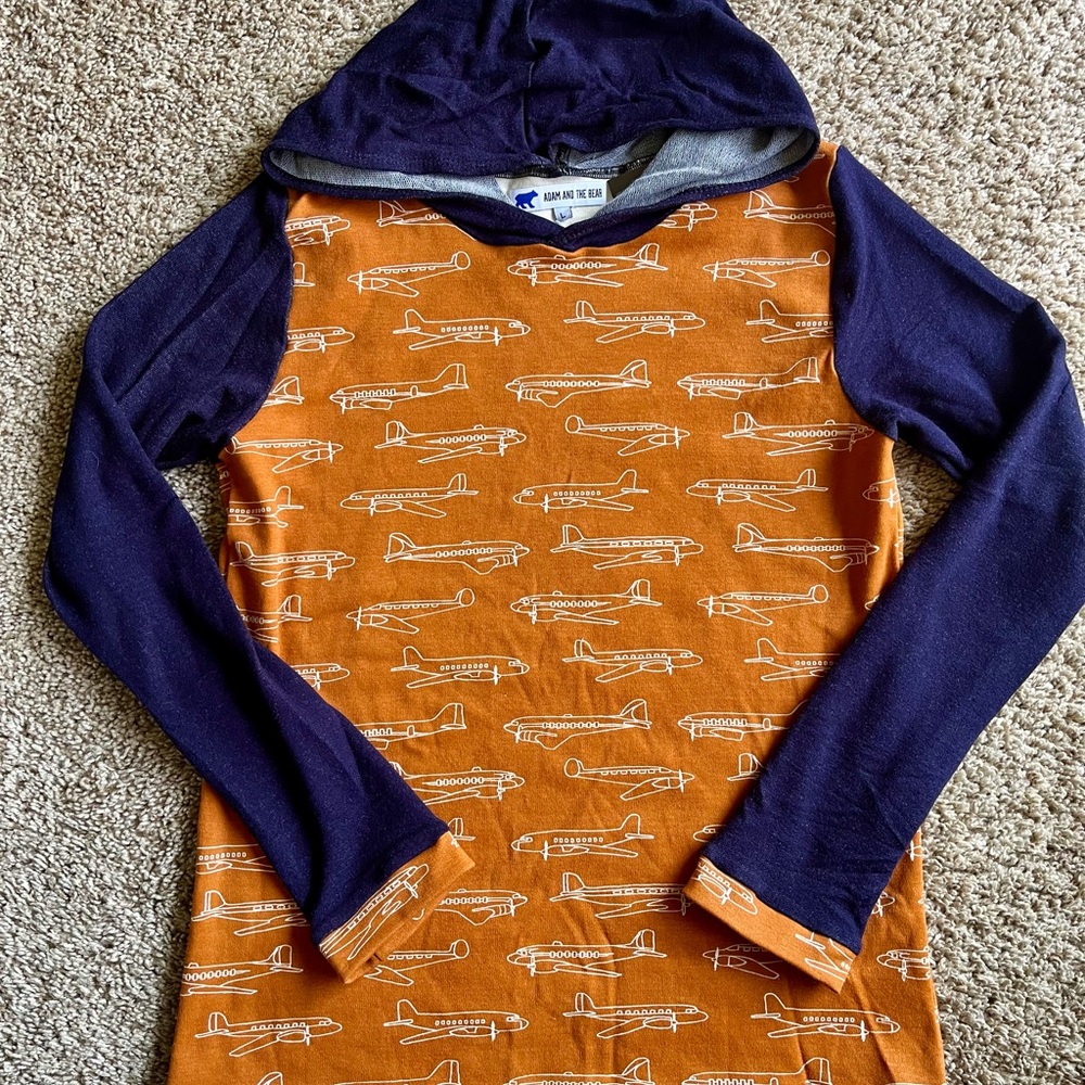 Organic Cotton Orange and Navy Airplane Hoodie- Size L (9/10)